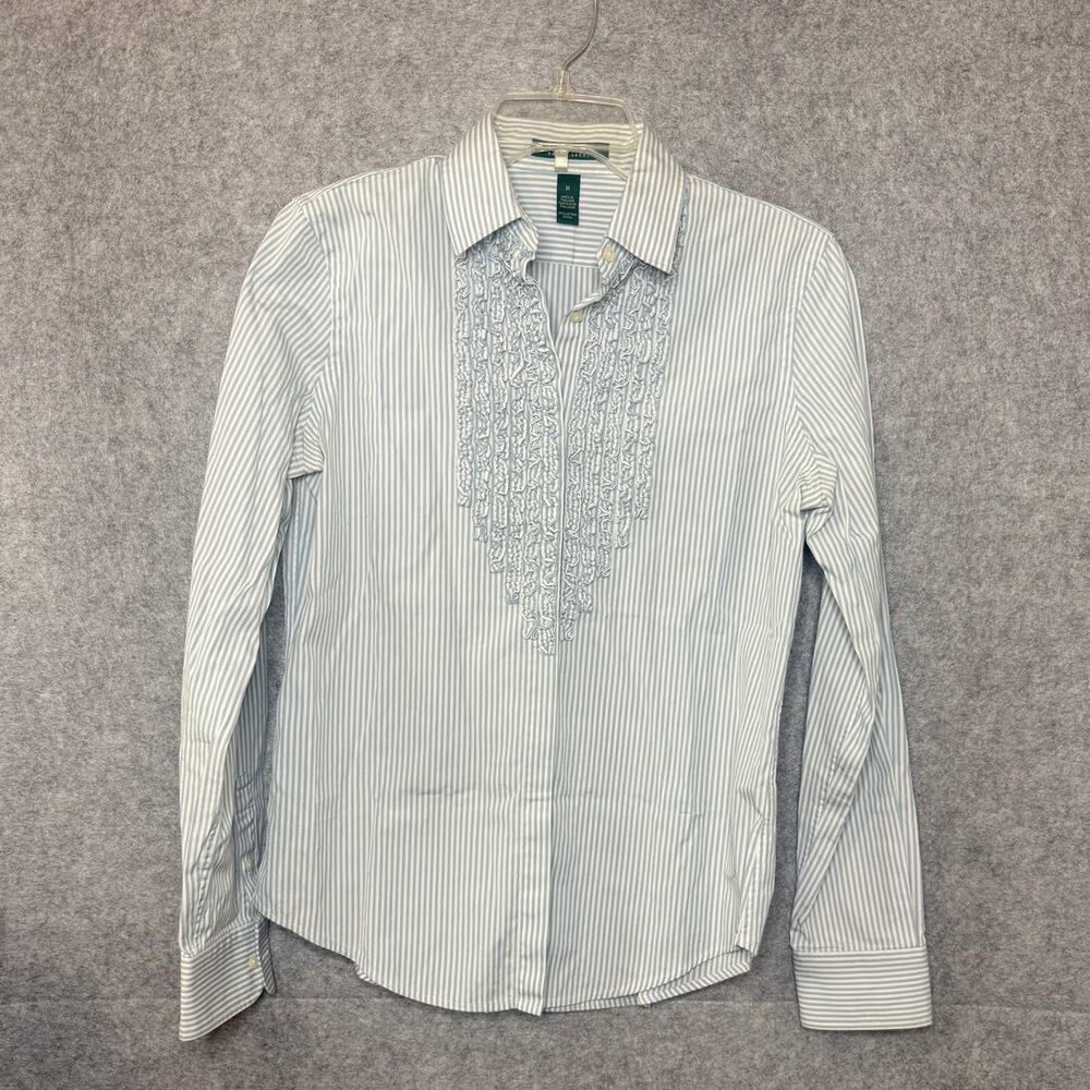 Lauren Ralph Lauren Shirt Women M Blue White Stripe Ruffle Tuxedo Button Down